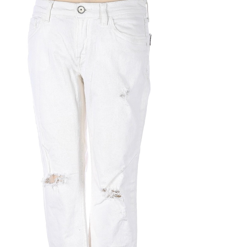 Zara Premium Denim Collection Slim Boyfriend Mid Rise Distressed White Jeans